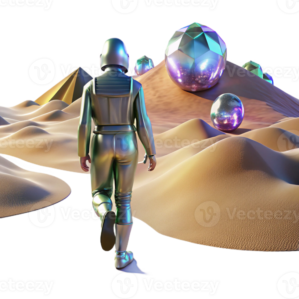 wonderful artistic A lone figure walking through a digital desert, with glitching holographic mirages shimmering in the distance. Cyberpunk, surreal, desolate authentic png