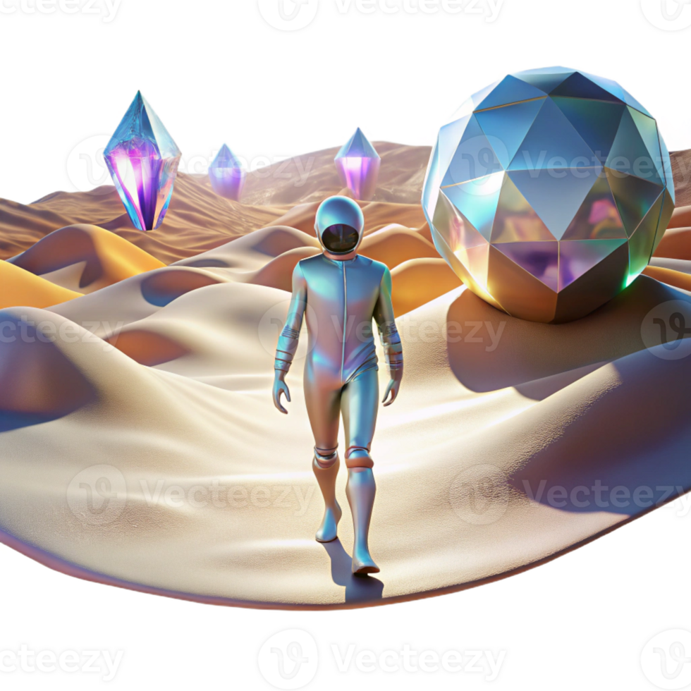 serene minimalist A lone figure walking through a digital desert, with glitching holographic mirages shimmering in the distance. Cyberpunk, surreal, desolate exclusive png