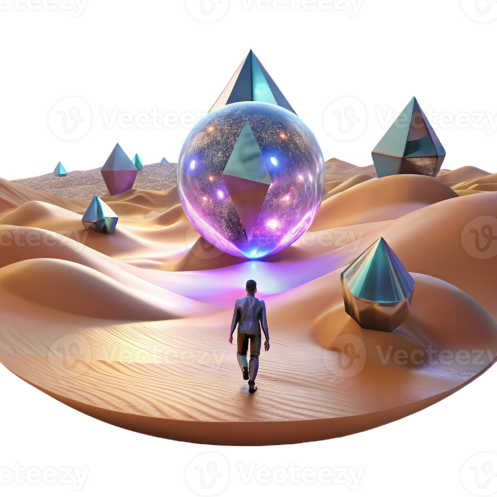 wonderful vintage A lone figure walking through a digital desert, with glitching holographic mirages shimmering in the distance. Cyberpunk, surreal, desolate authentic png