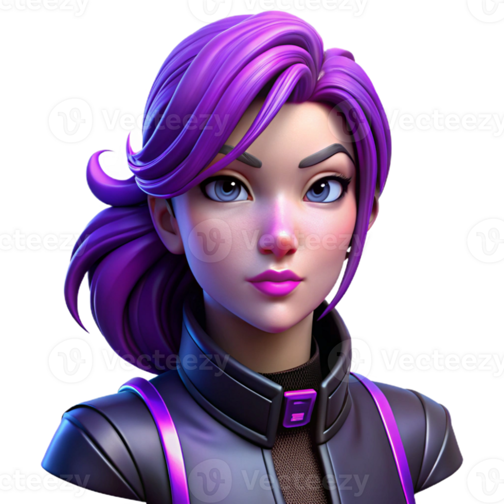 dramatic artistic Portrait of a young woman with vibrant purple hair and striking makeup, neon lighting, cyberpunk style professional png