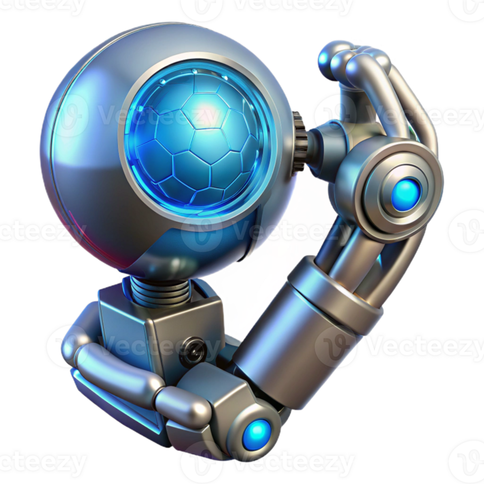 wonderful artistic A chrome robotic arm holding a glowing orb of data, intricate circuitry visible beneath its polished surface, lit by cool blue neon light, in a cyberpunk style high resolution png