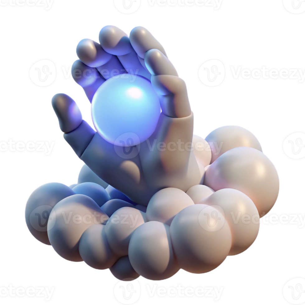 extraordinary creative A giant hand made of clouds reaches down from the sky, holding a single, glowing orb. Fantasy style, soft, divine lighting detailed png
