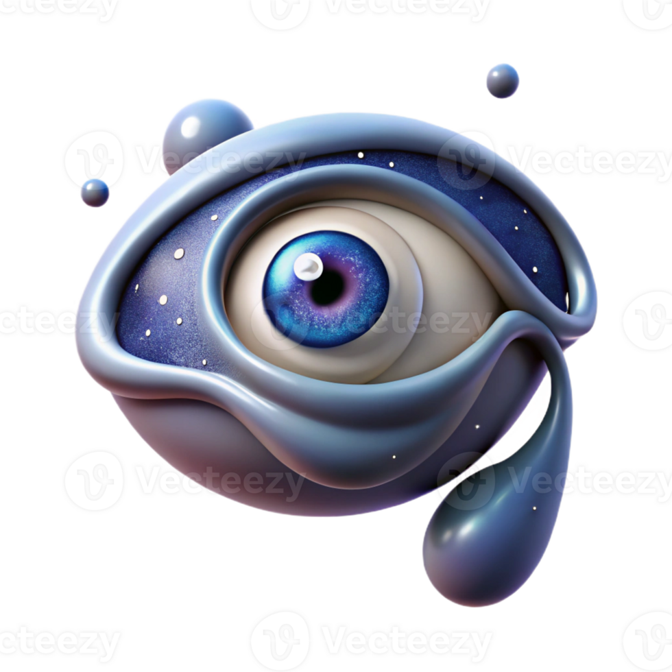 elegant minimalist A single eye, weeping tears of liquid mercury, floats in a void filled with swirling galaxies. Abstract style, dramatic chiaroscuro lighting original png