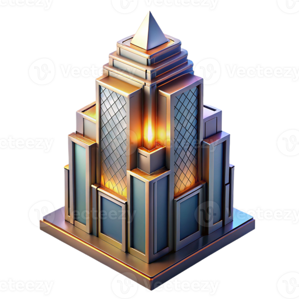 impressive abstract Art Deco skyscraper, intricate geometric facade, chrome accents, sunset lighting, highly polished, isometric view, digital art authentic png