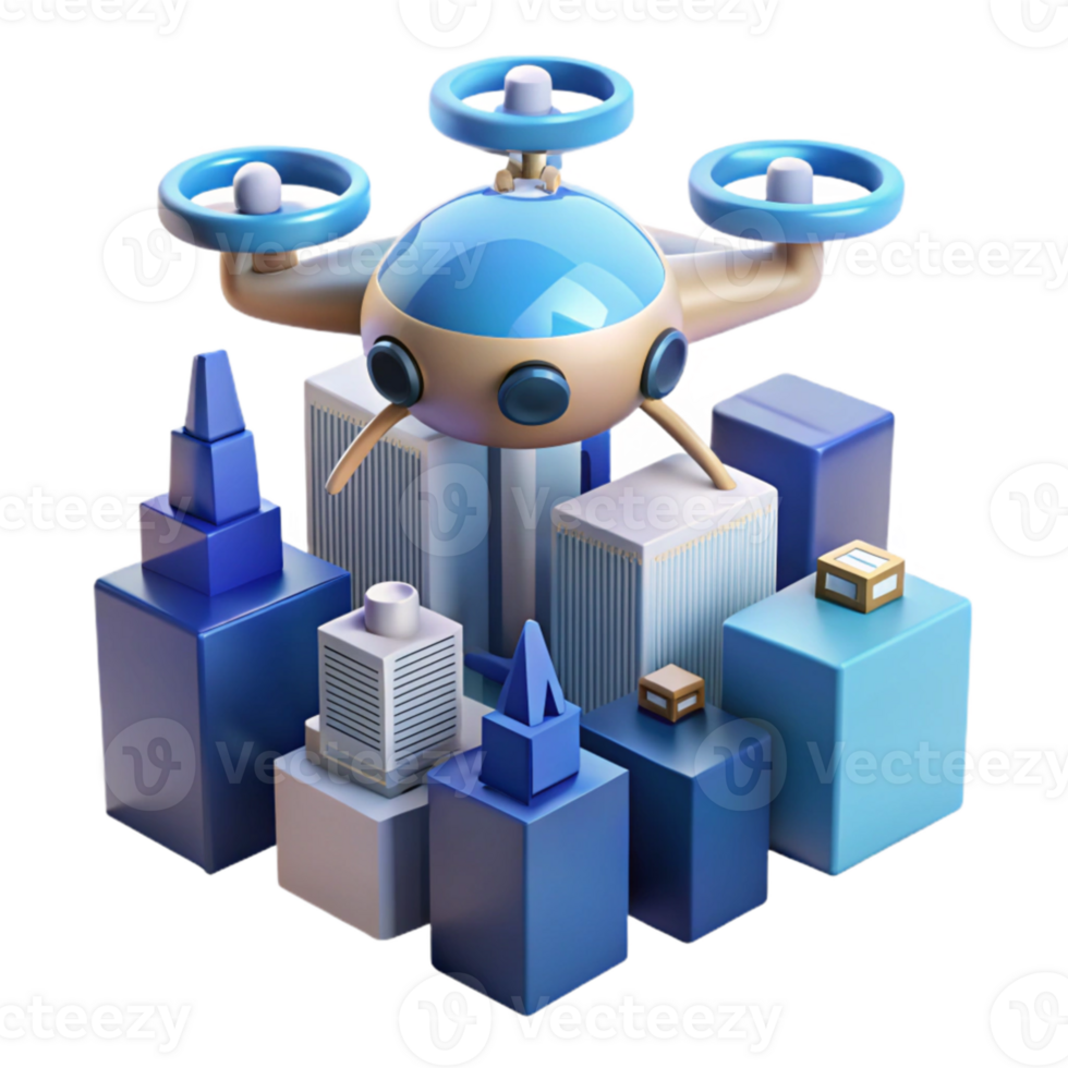 wonderful artistic A drone delivering a package in a futuristic city, aerial view, daytime lighting, realistic style high quality png