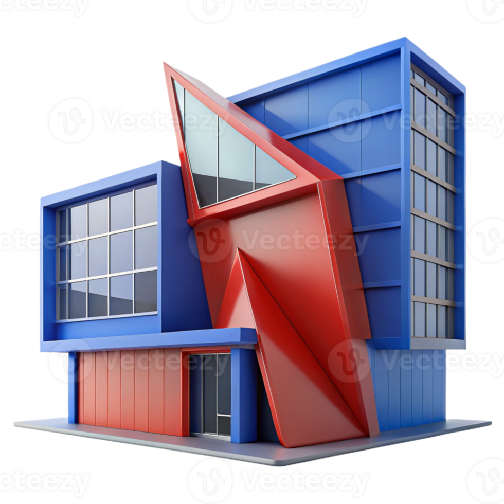 serene modern Deconstructivist office building, sharp angles, tilted walls, vibrant red and blue panels, overcast lighting, photorealistic render premium png