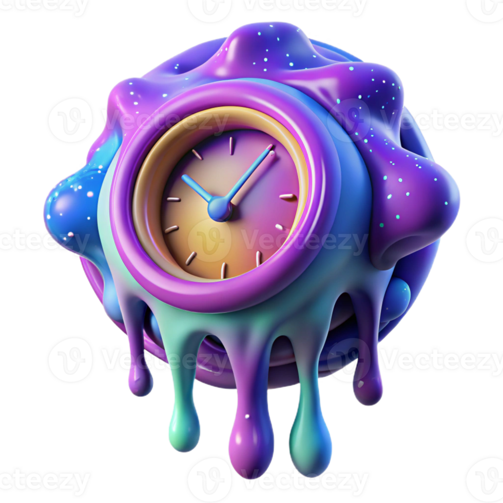 beautiful modern A melting clock dripping with vibrant, fluorescent paint, against a backdrop of swirling cosmic nebulae, in a surrealist style, premium png