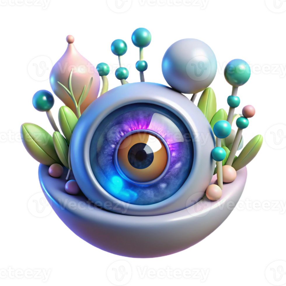 wonderful traditional A giant, iridescent eye gazing through a fractal portal, surrounded by glowing orbs and bioluminescent flora, in a visionary art style, 4K png