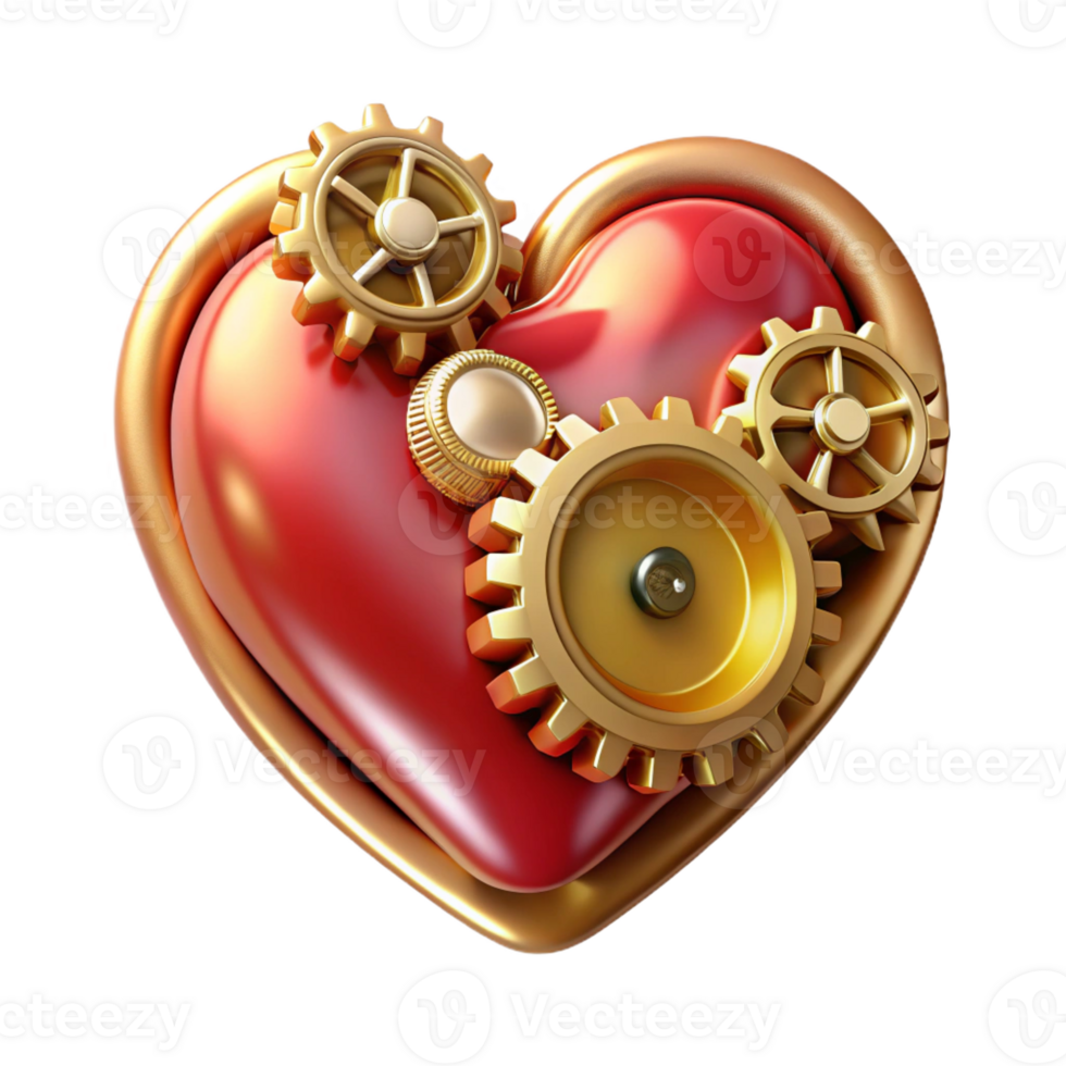 serene vintage A clockwork heart beats rhythmically, surrounded by gears and cogs made of polished brass. Steampunk style, warm, artificial lighting 4K png