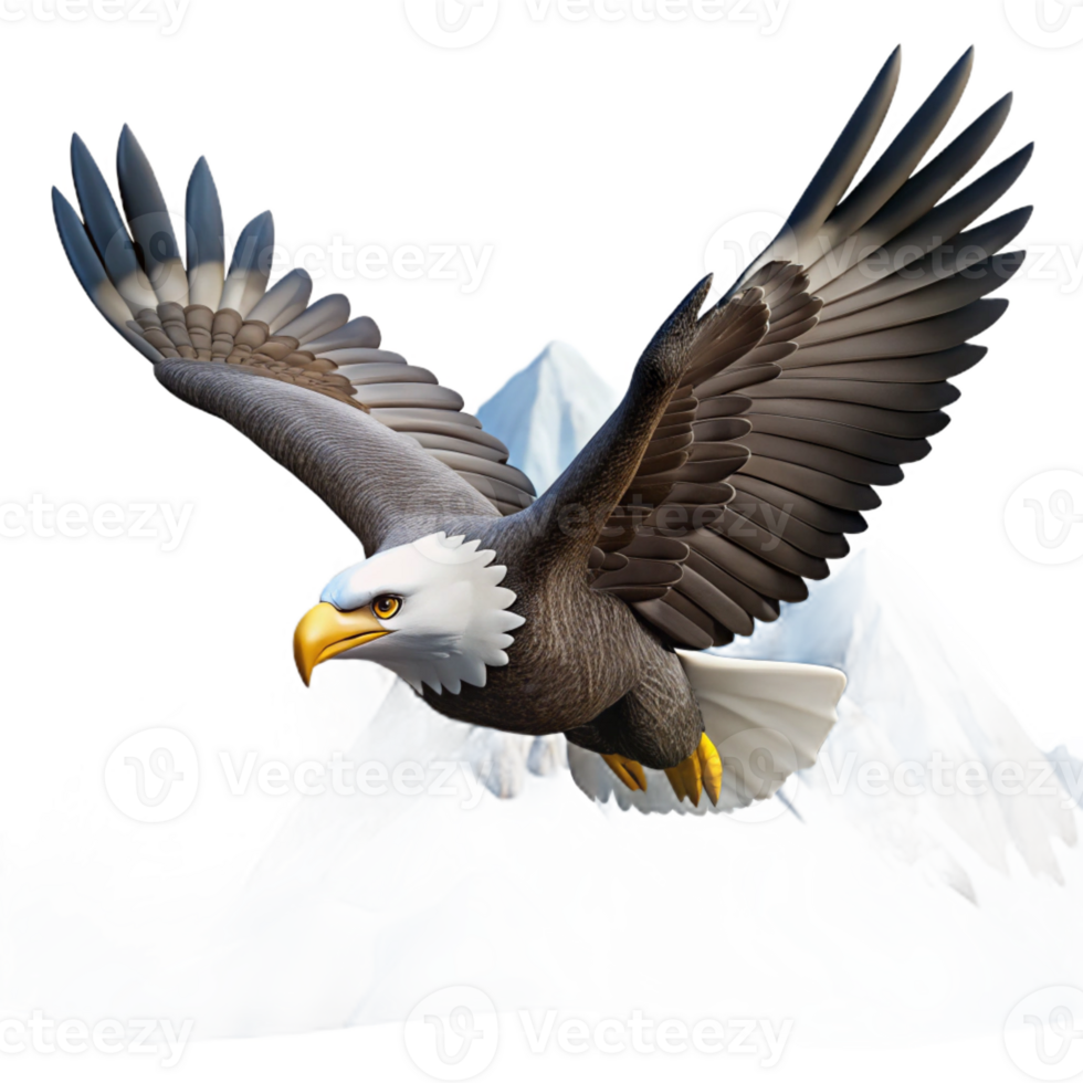beautiful artistic A majestic bald eagle soaring above snow-capped mountains, crisp, clear light, realistic style high quality png