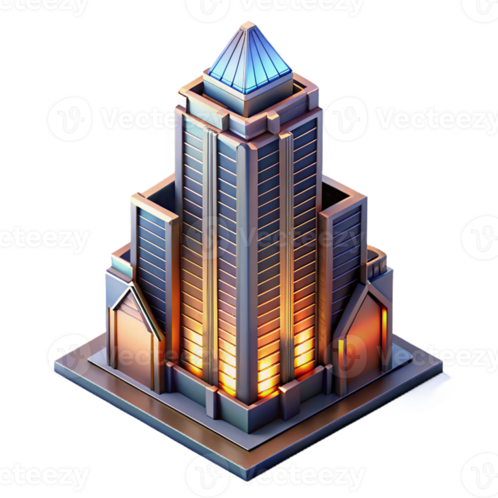 serene creative Art Deco skyscraper, intricate geometric facade, chrome accents, sunset lighting, highly polished, isometric view, digital art professional png