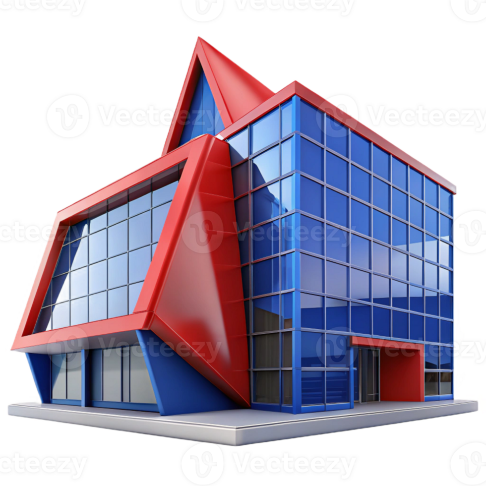dramatic minimalist Deconstructivist office building, sharp angles, tilted walls, vibrant red and blue panels, overcast lighting, photorealistic render exclusive png