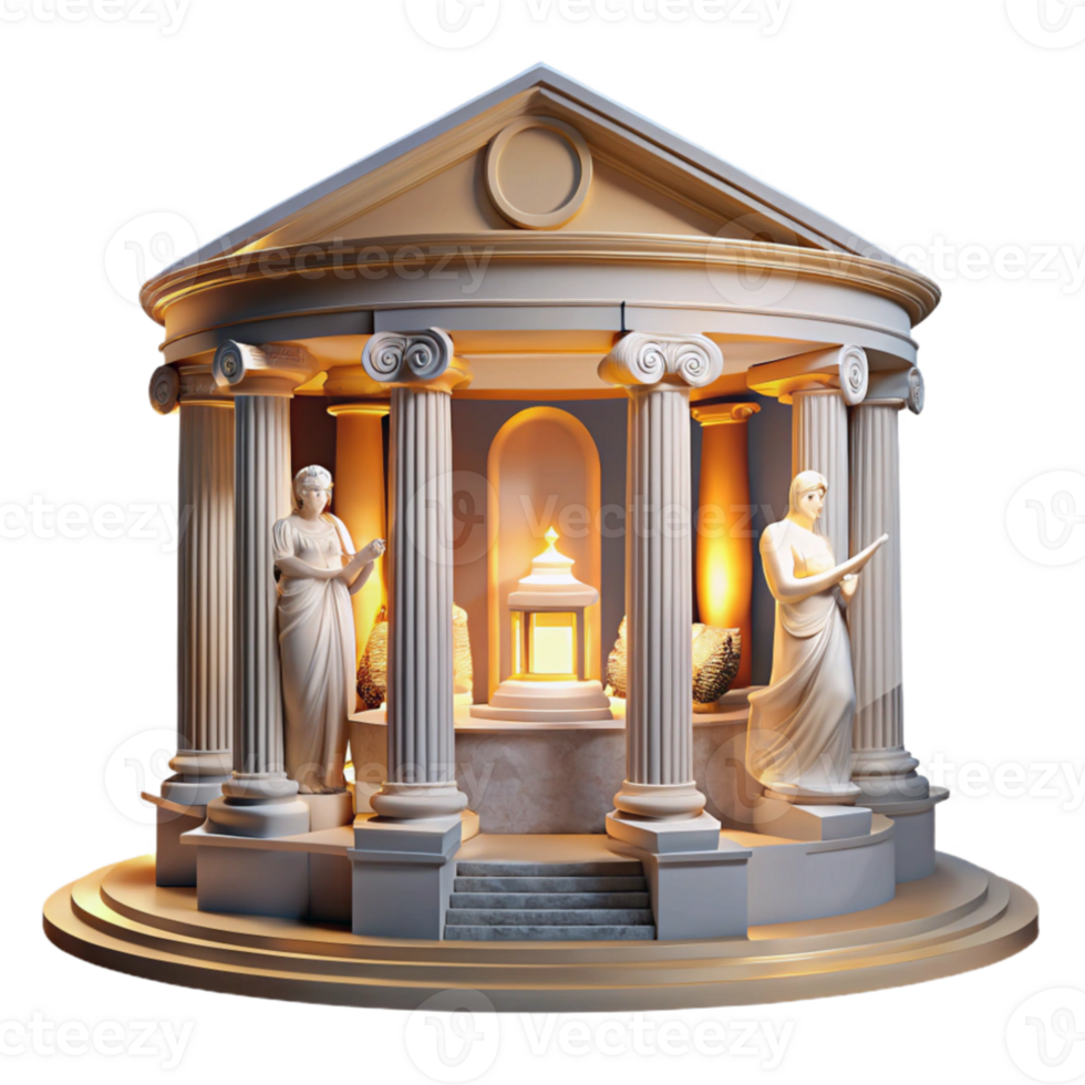wonderful abstract Neoclassical library, grand columns, marble statues, warm interior lighting, classical painting style original png