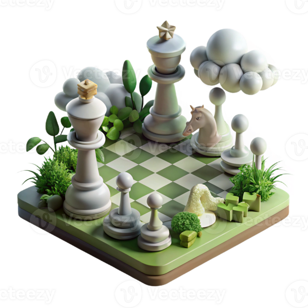 wonderful contemporary A giant chessboard with pieces made of living plants and animals sits on a cloud, with a shadowy figure looming above. Fantasy style, soft diffused lighting detailed png