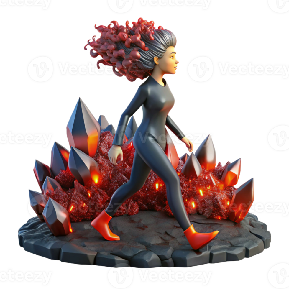 dramatic rustic A woman with hair made of flowing lava walks through a field of obsidian crystals. Surrealism style, dramatic red and black lighting premium png