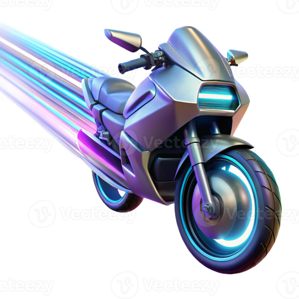 impressive rustic A futuristic flying motorcycle with sharp angles and glowing neon accents, soaring through a tunnel of light, illuminated by streaks of light trails, in a synthwave style genuine png