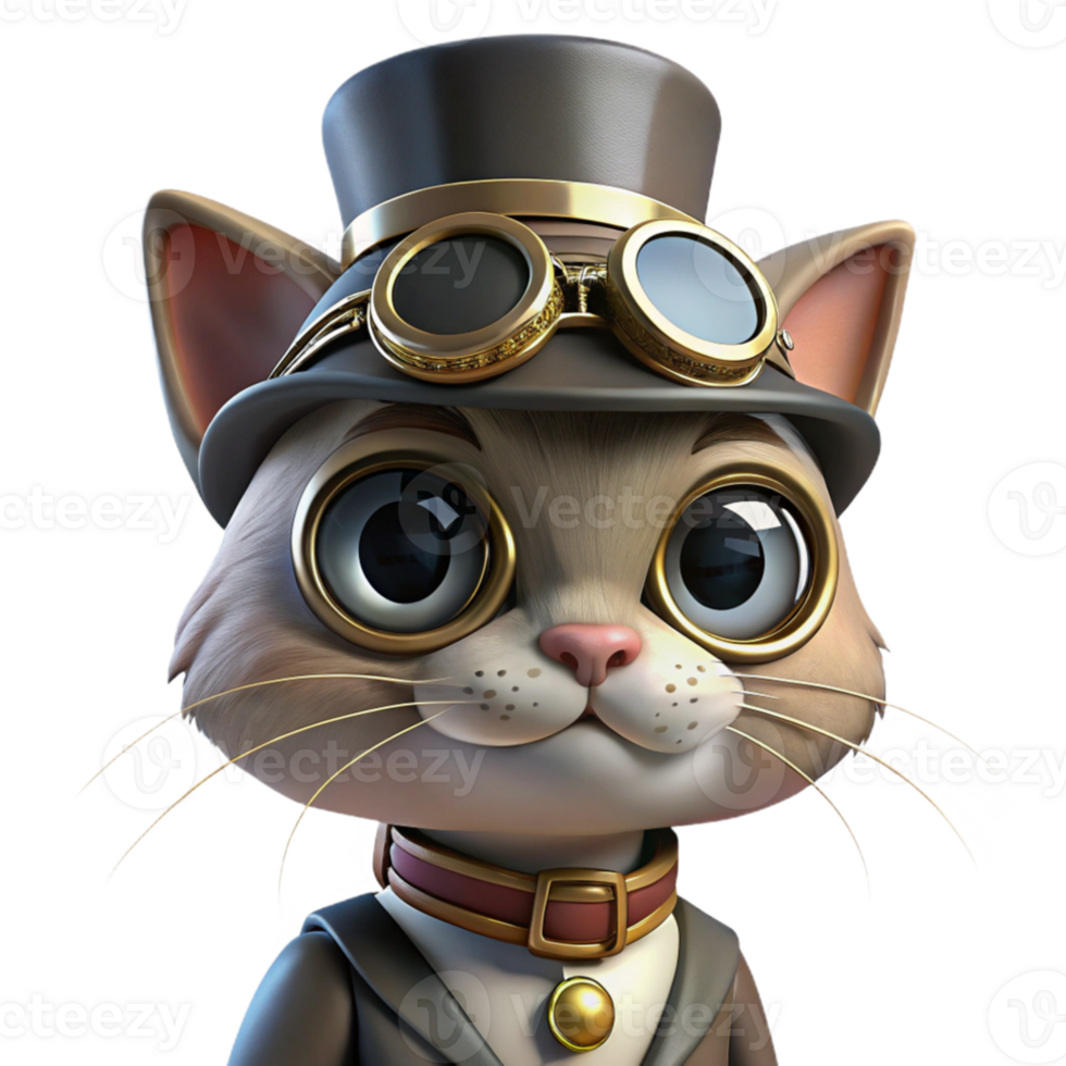 dramatic traditional A steampunk cat wearing a tiny top hat and goggles. Soft, studio lighting. Pet portrait style high resolution png