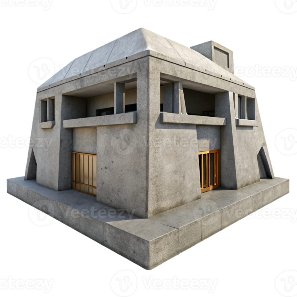 beautiful modern Brutalist concrete bunker, exposed concrete textures, minimal windows, harsh midday sun, gritty and raw style original png