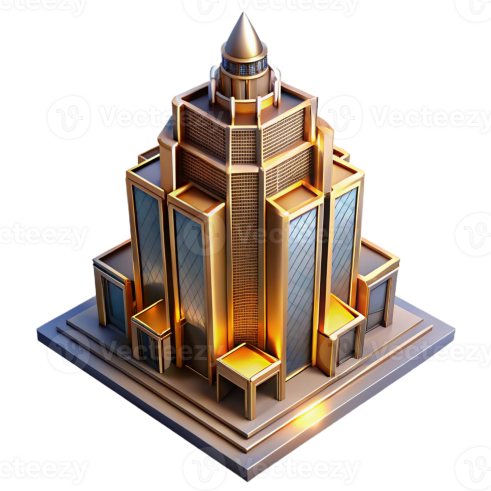 magnificent modern Art Deco skyscraper, intricate geometric facade, chrome accents, sunset lighting, highly polished, isometric view, digital art high quality png