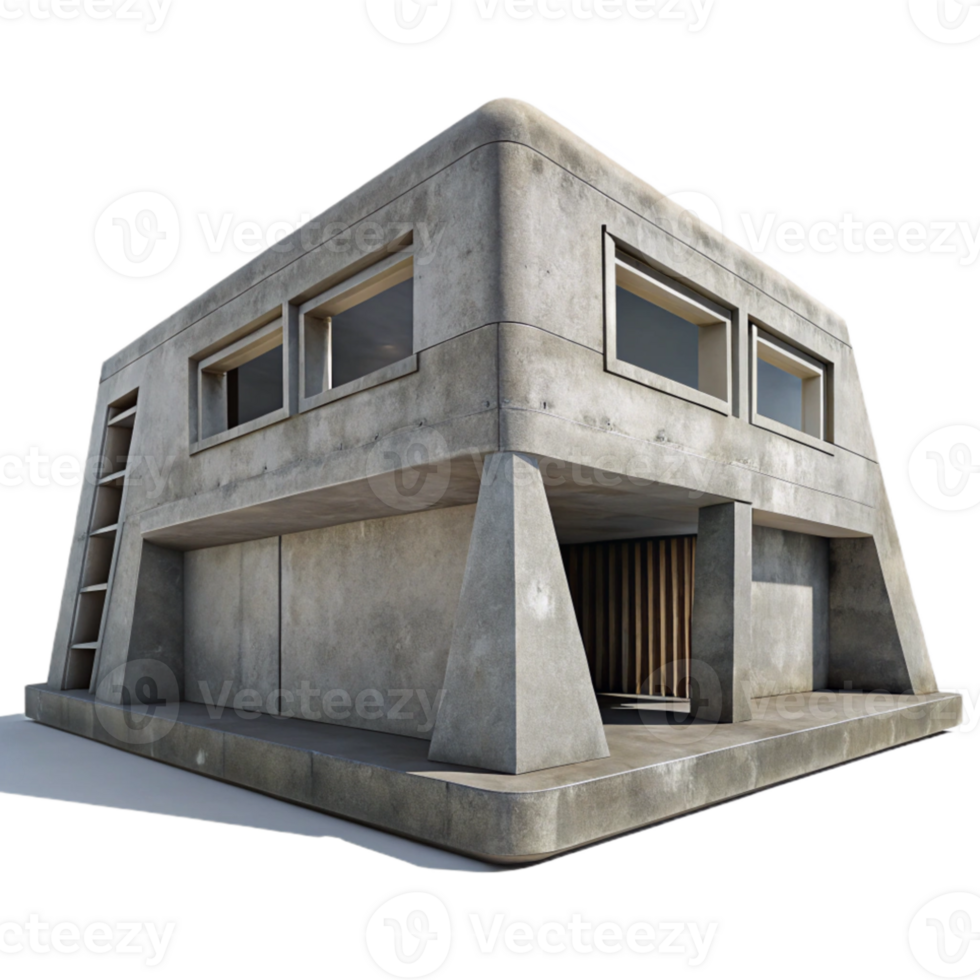 serene vintage Brutalist concrete bunker, exposed concrete textures, minimal windows, harsh midday sun, gritty and raw style professional png