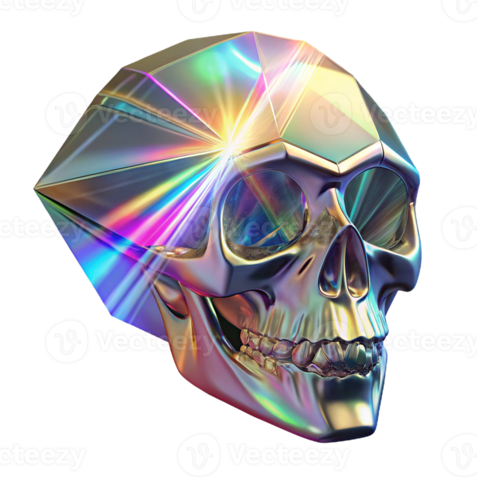 beautiful classic A crystal skull radiating beams of rainbow light, with fractal patterns etched onto its surface, Occult Art style high resolution png
