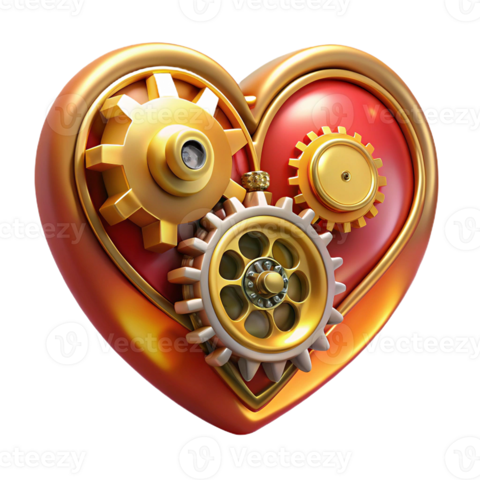 beautiful contemporary A clockwork heart beats rhythmically, surrounded by gears and cogs made of polished brass. Steampunk style, warm, artificial lighting 4K png