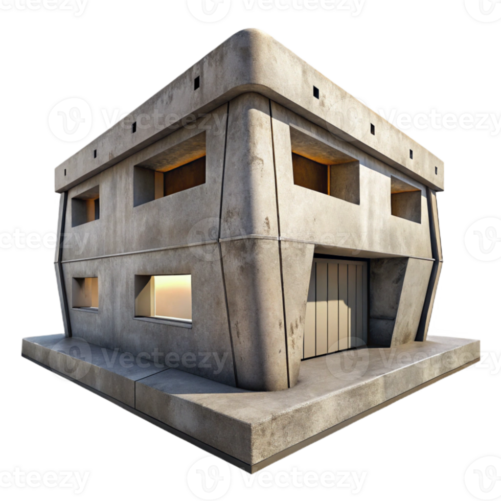 stunning rustic Brutalist concrete bunker, exposed concrete textures, minimal windows, harsh midday sun, gritty and raw style original png