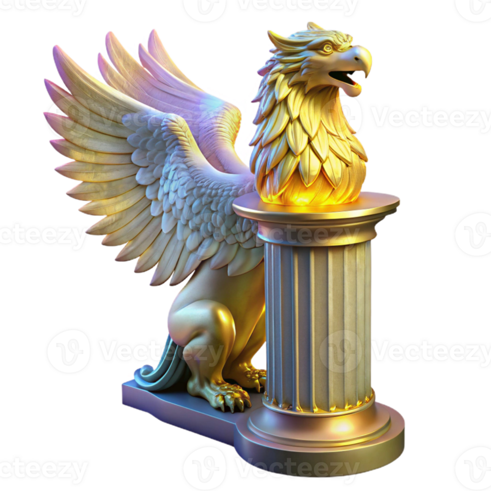 extraordinary artistic A majestic griffin with iridescent feathers, perched atop a crumbling marble pillar, illuminated by a single shaft of golden light, Art Nouveau style exclusive png