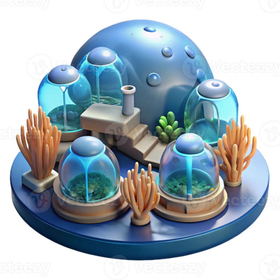 serene vintage Underwater research facility, transparent domes, bioluminescent coral reefs, deep sea lighting, cinematic render genuine png