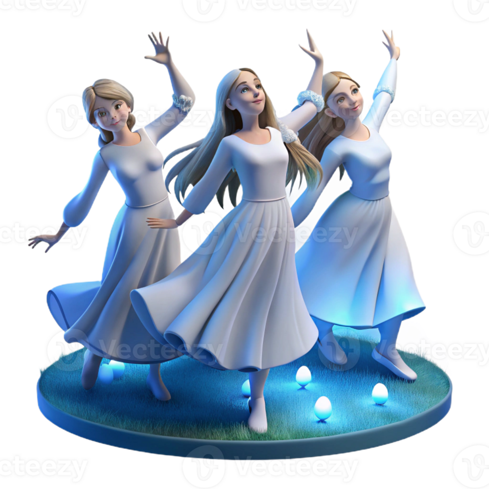 beautiful abstract A group of Rusalki dancing in a moonlit field, long flowing hair and white dresses, ethereal blue light. Slavic folklore style genuine png