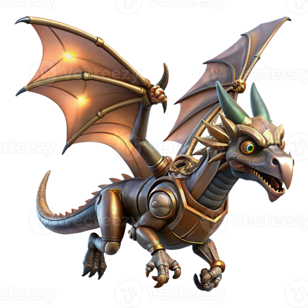 wonderful contemporary A steampunk-inspired mechanical dragon soaring through the sky. Dynamic, action lighting. Fantasy art style genuine png
