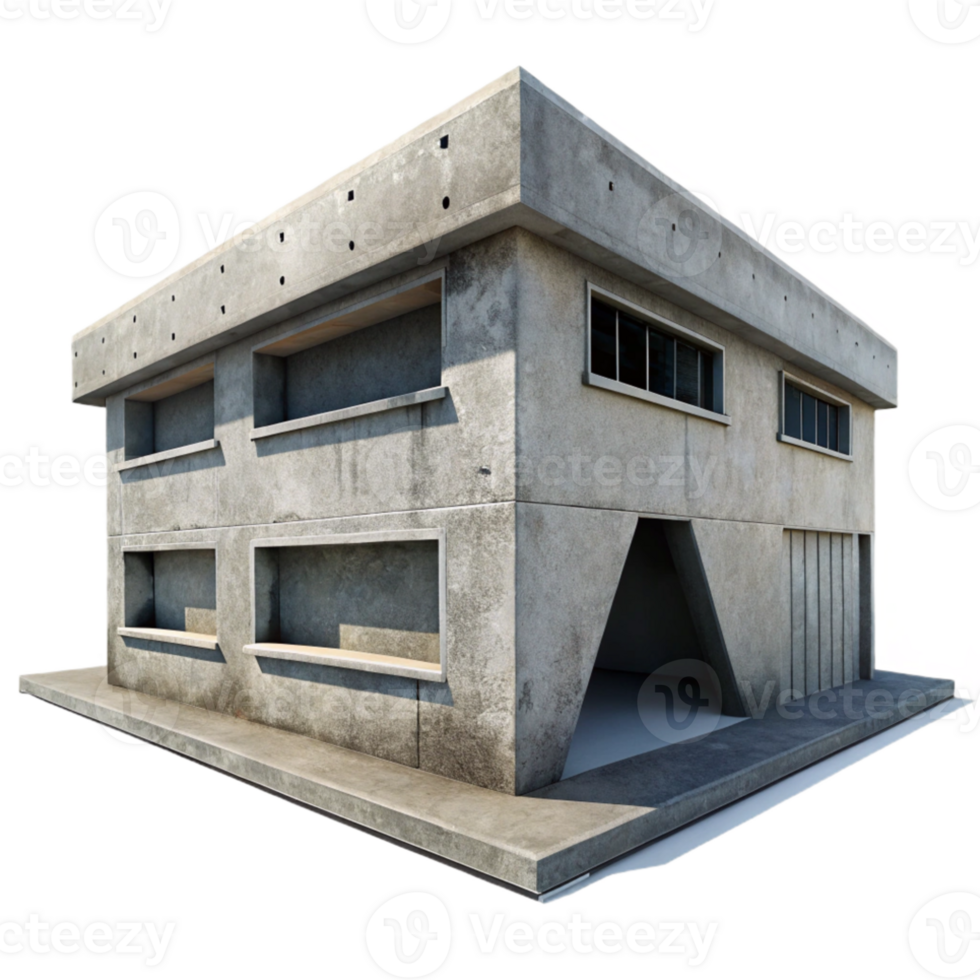 beautiful artistic Brutalist concrete bunker, exposed concrete textures, minimal windows, harsh midday sun, gritty and raw style high quality png