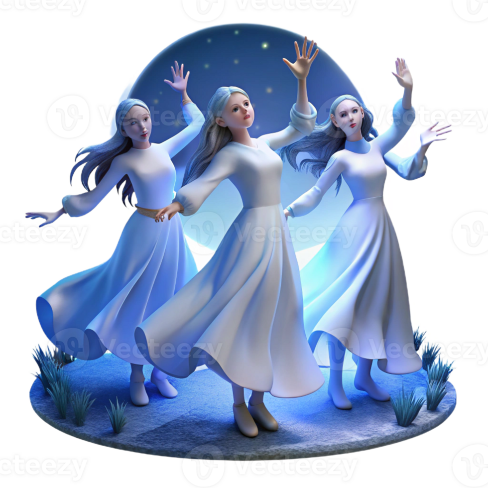 elegant artistic A group of Rusalki dancing in a moonlit field, long flowing hair and white dresses, ethereal blue light. Slavic folklore style detailed png