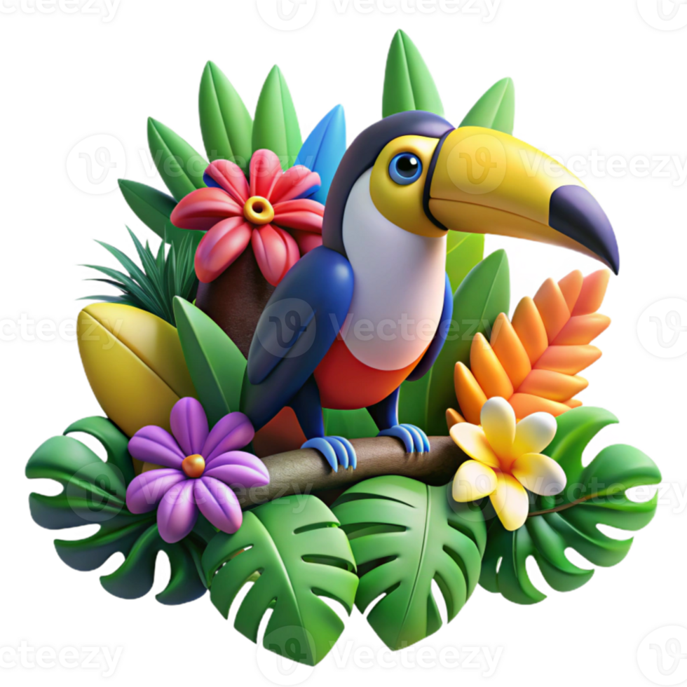 magnificent traditional A colorful toucan perched on a branch, surrounded by lush tropical flowers, in a vibrant, detailed style genuine png