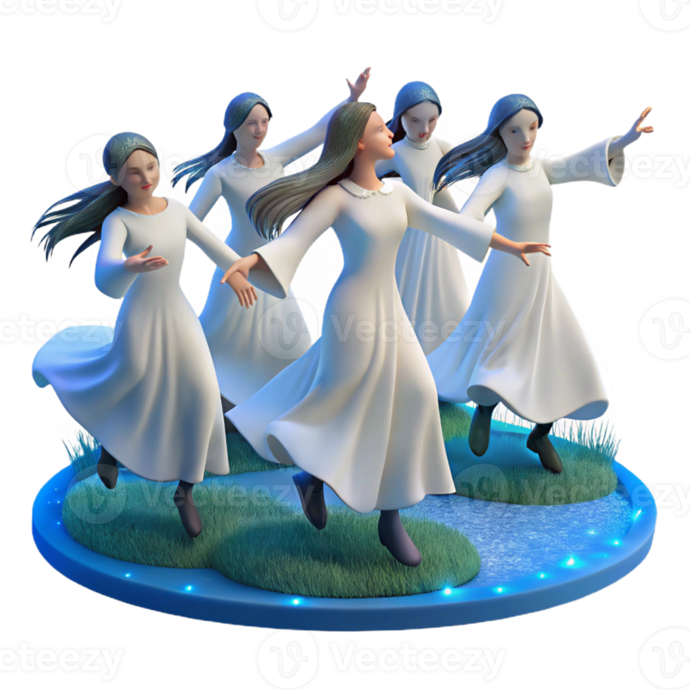 beautiful vintage A group of Rusalki dancing in a moonlit field, long flowing hair and white dresses, ethereal blue light. Slavic folklore style genuine png