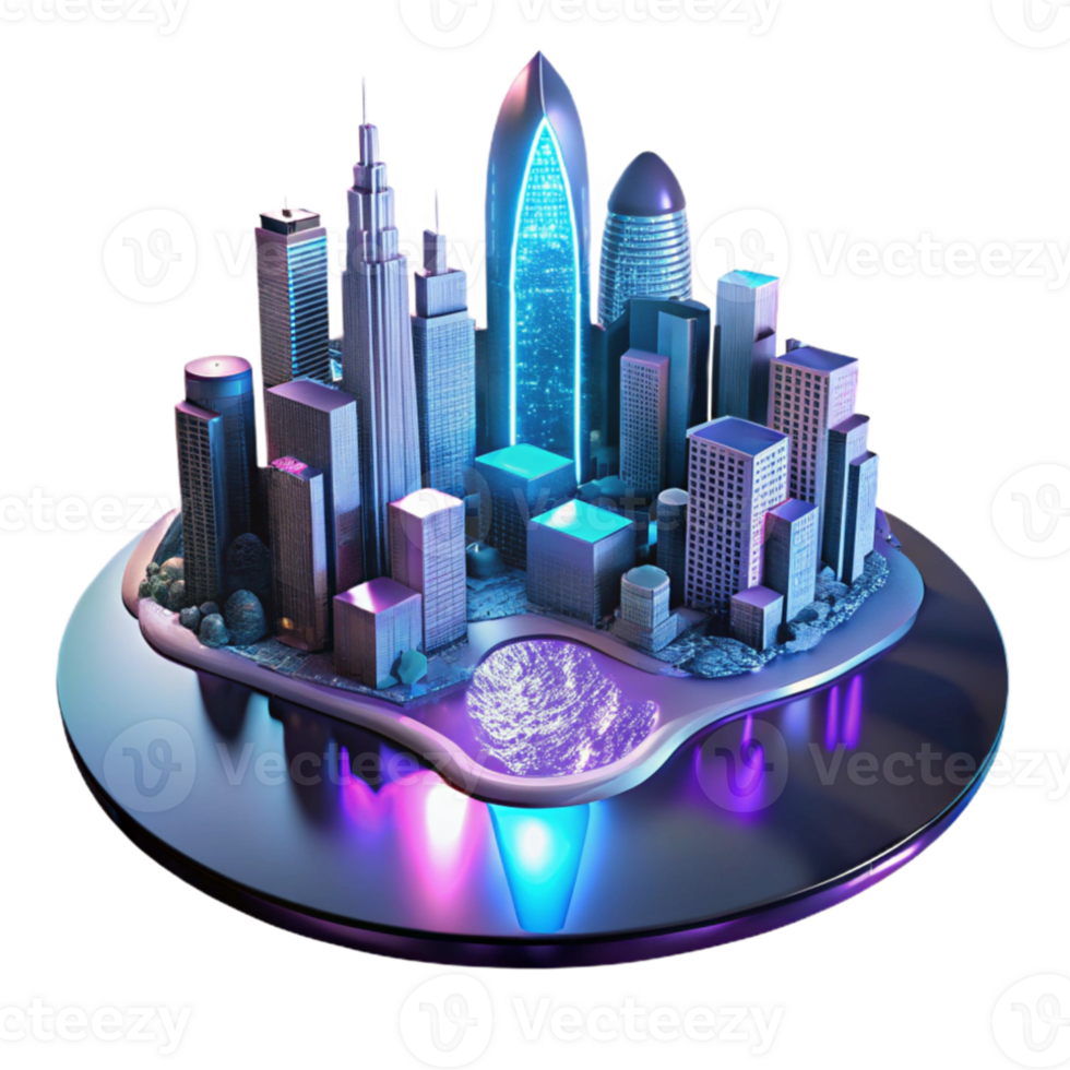 beautiful minimalist A futuristic cityscape reflected in a puddle, neon lights, cyberpunk style, rainy atmosphere premium png
