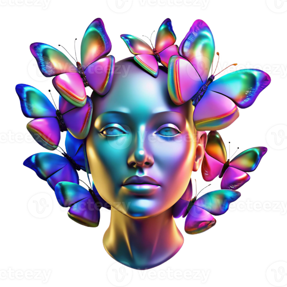 beautiful creative A swarm of iridescent butterflies forms the shape of a human face. Abstract style, vibrant, multi-colored lighting 4K png