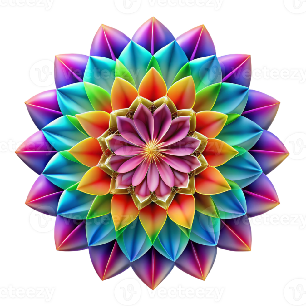 vibrant contemporary A kaleidoscopic mandala composed of morphing geometric shapes, radiating vibrant rainbow hues, in a digital art style, professional png