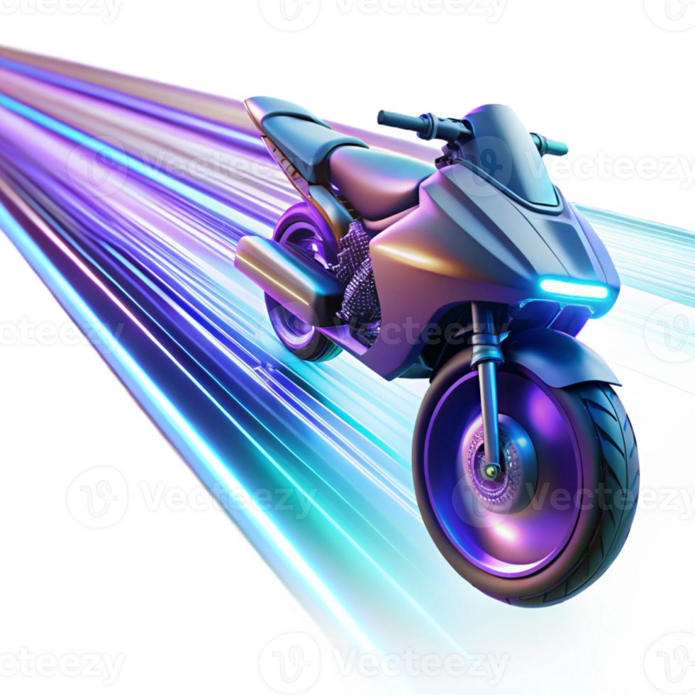 impressive rustic A futuristic flying motorcycle with sharp angles and glowing neon accents, soaring through a tunnel of light, illuminated by streaks of light trails, in a synthwave style original png