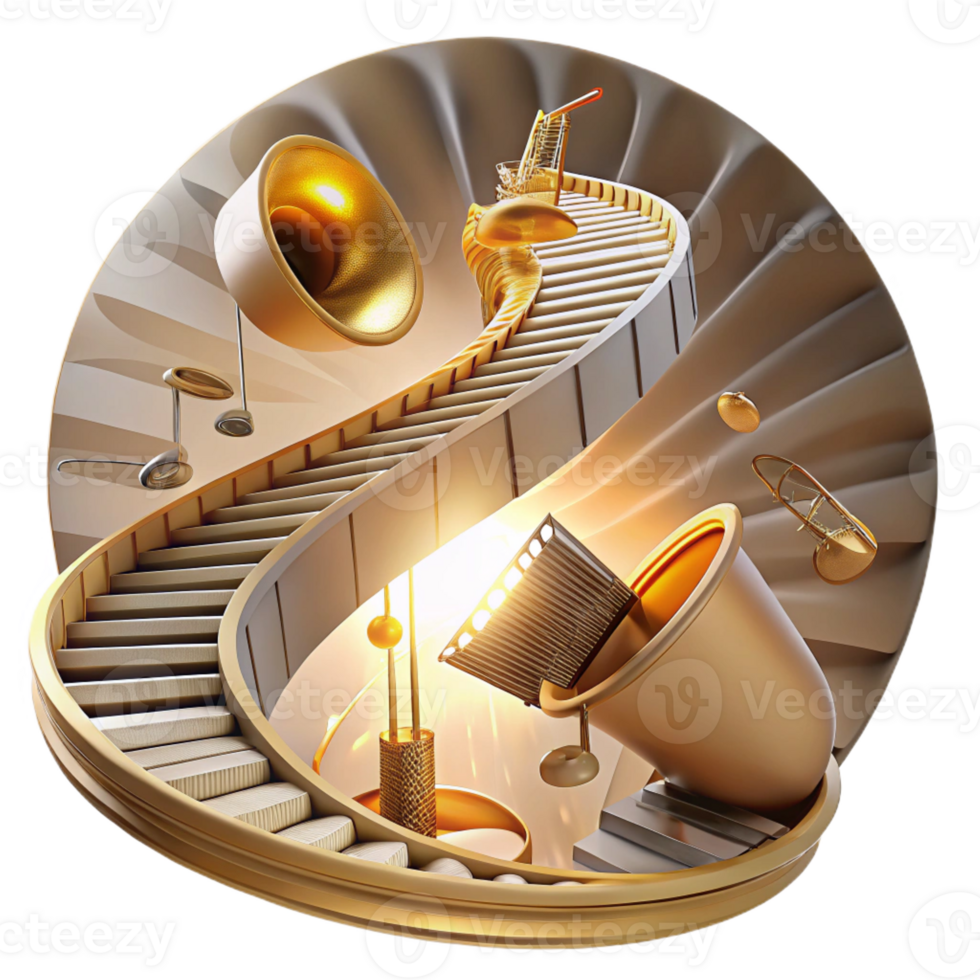 stunning modern A staircase made of musical instruments spirals upwards into a sky filled with swirling sheet music. Surrealism style, warm golden lighting genuine png