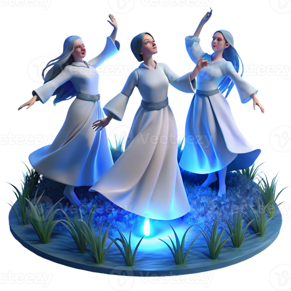 elegant classic A group of Rusalki dancing in a moonlit field, long flowing hair and white dresses, ethereal blue light. Slavic folklore style 4K png
