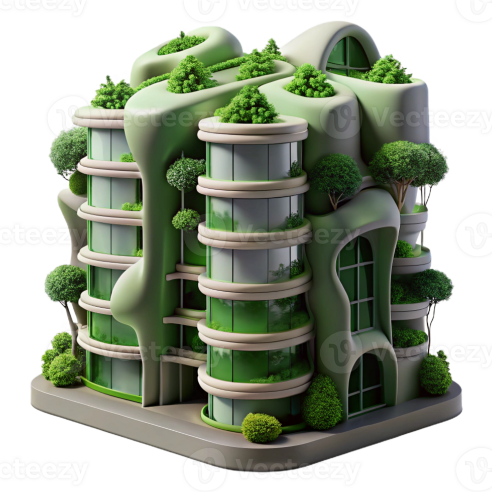 magnificent modern Biomorphic apartment complex, flowing organic forms, green walls covered in vegetation, dappled sunlight, hyperrealistic style premium png