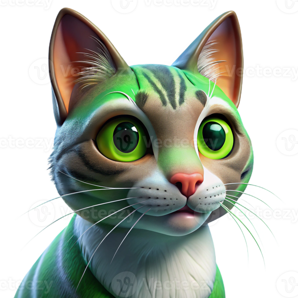 extraordinary abstract Portrait of a playful cat with bright green eyes, sleek fur, and a curious expression, lit by window light, in a realistic painting style genuine png