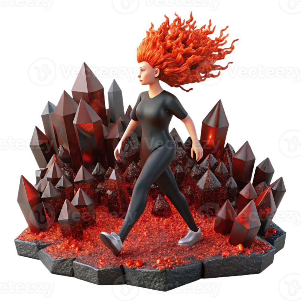 vibrant rustic A woman with hair made of flowing lava walks through a field of obsidian crystals. Surrealism style, dramatic red and black lighting premium png