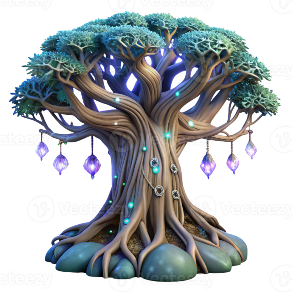 wonderful traditional A giant, ancient tree with roots that stretch into infinity is covered in glowing runes. Fantasy style, ethereal moonlight authentic png