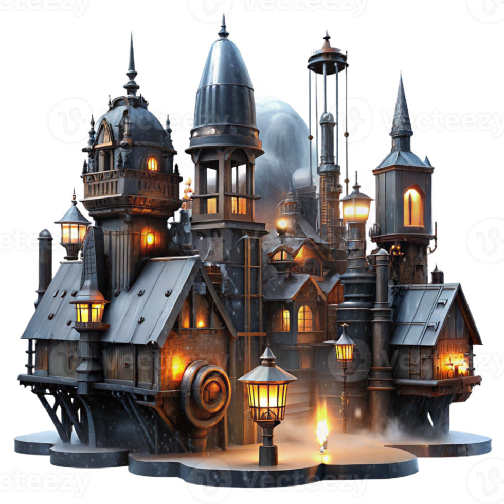 magnificent creative Steampunk cityscape during a rain storm, illuminated by flickering gaslights. Dark, atmospheric lighting. Cyberpunk art style high quality png