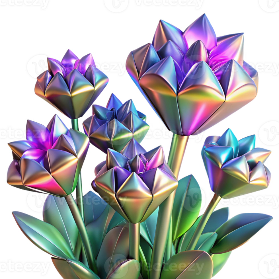 serene artistic A field of vibrant, geometric flowers with chrome petals, lit by a rotating rainbow spotlight, Synthwave style professional png