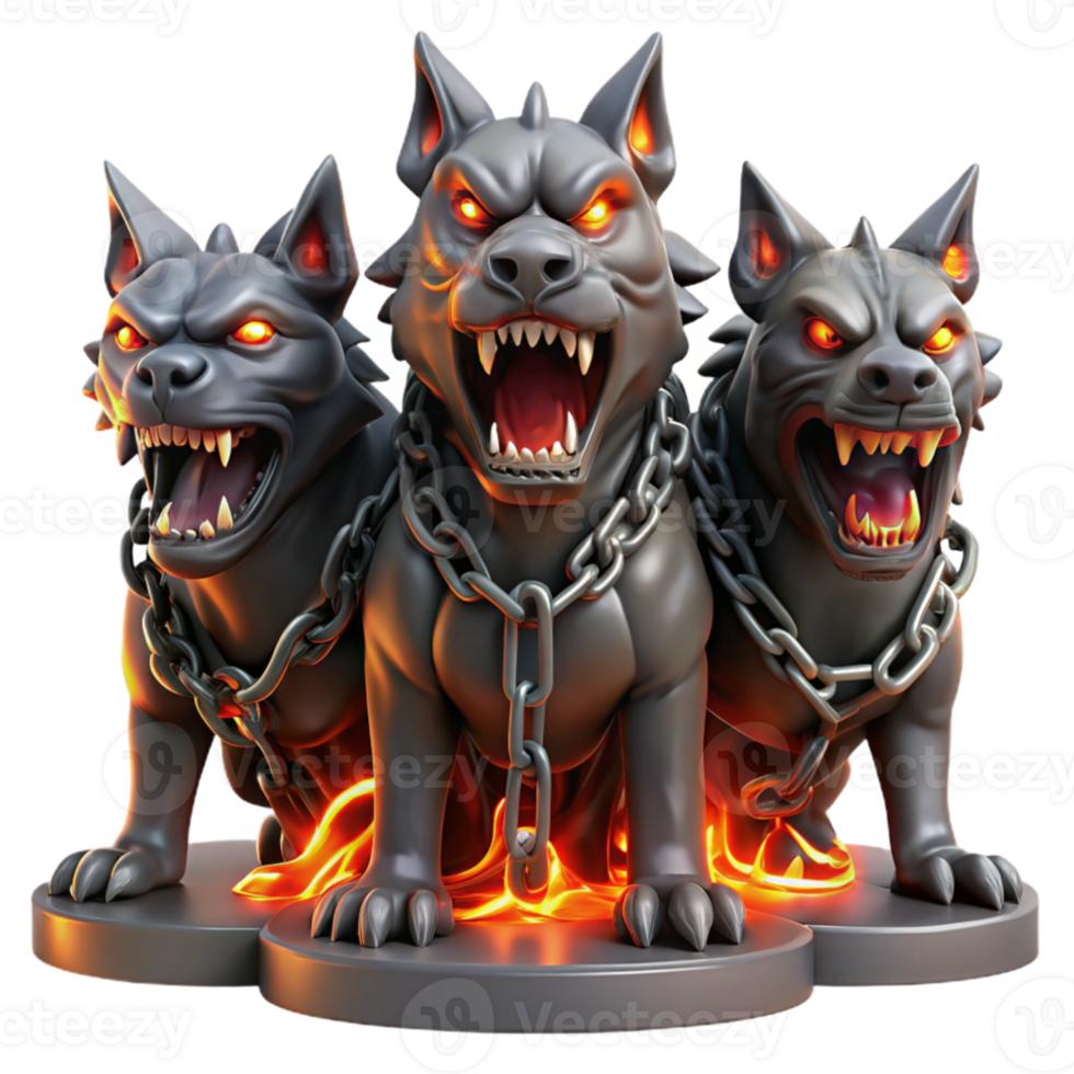 vibrant creative A fierce, three-headed Cerberus, with glowing red eyes and dripping saliva, chained to a fiery gate, dark fantasy style, dramatic lighting high resolution png