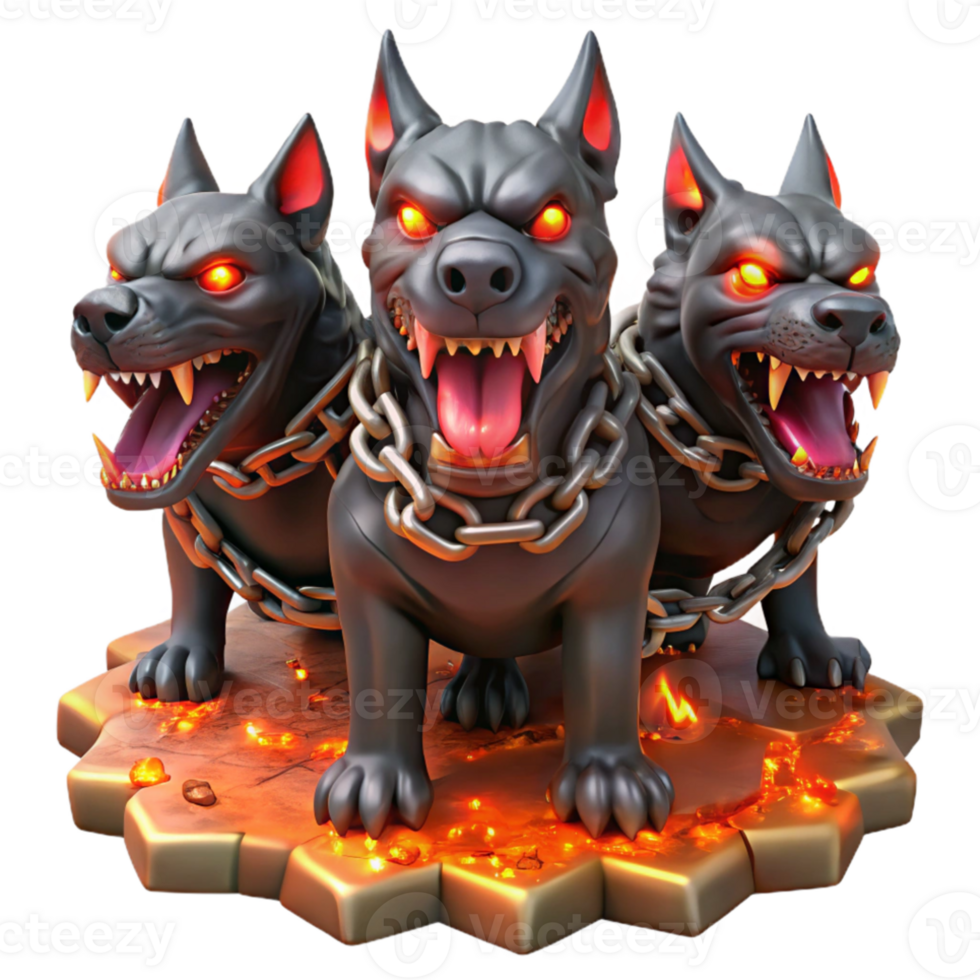 magnificent modern A fierce, three-headed Cerberus, with glowing red eyes and dripping saliva, chained to a fiery gate, dark fantasy style, dramatic lighting original png