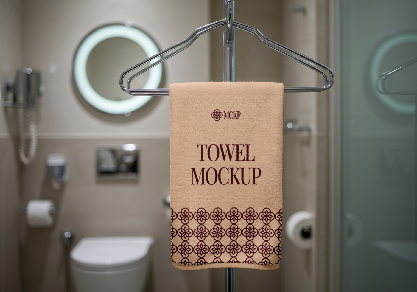 A beige towel with Towel Mockup printed on it hangs on a clothes hanger in a bathroom psd